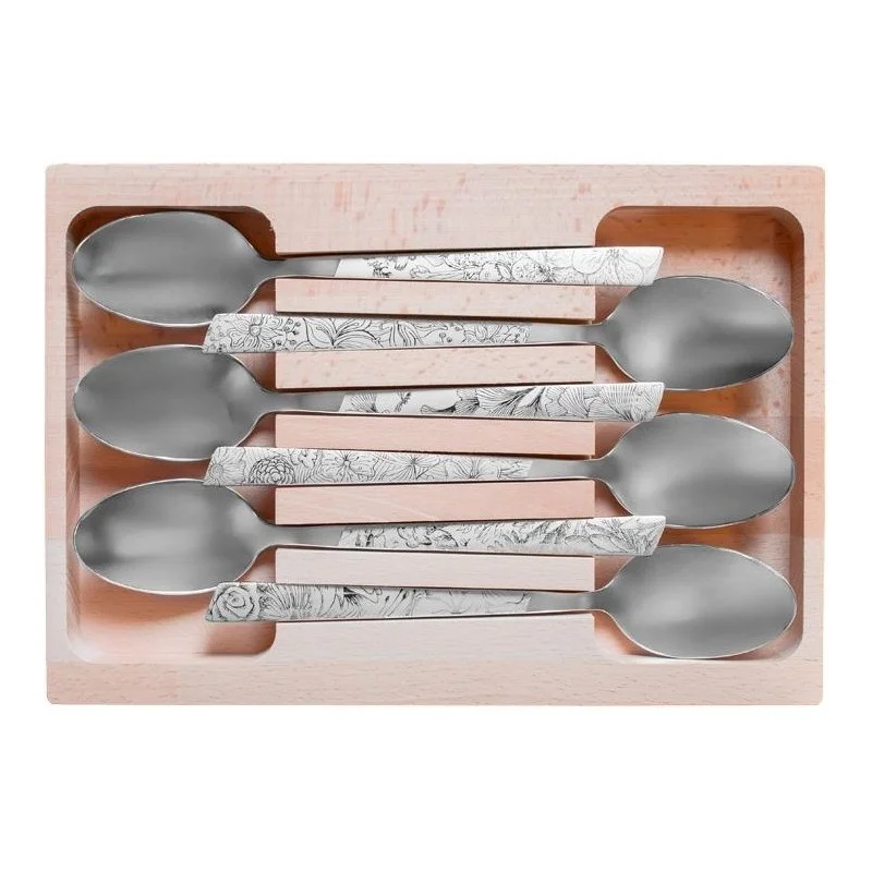 Coffret 6 cuillers table inox décor fleuris